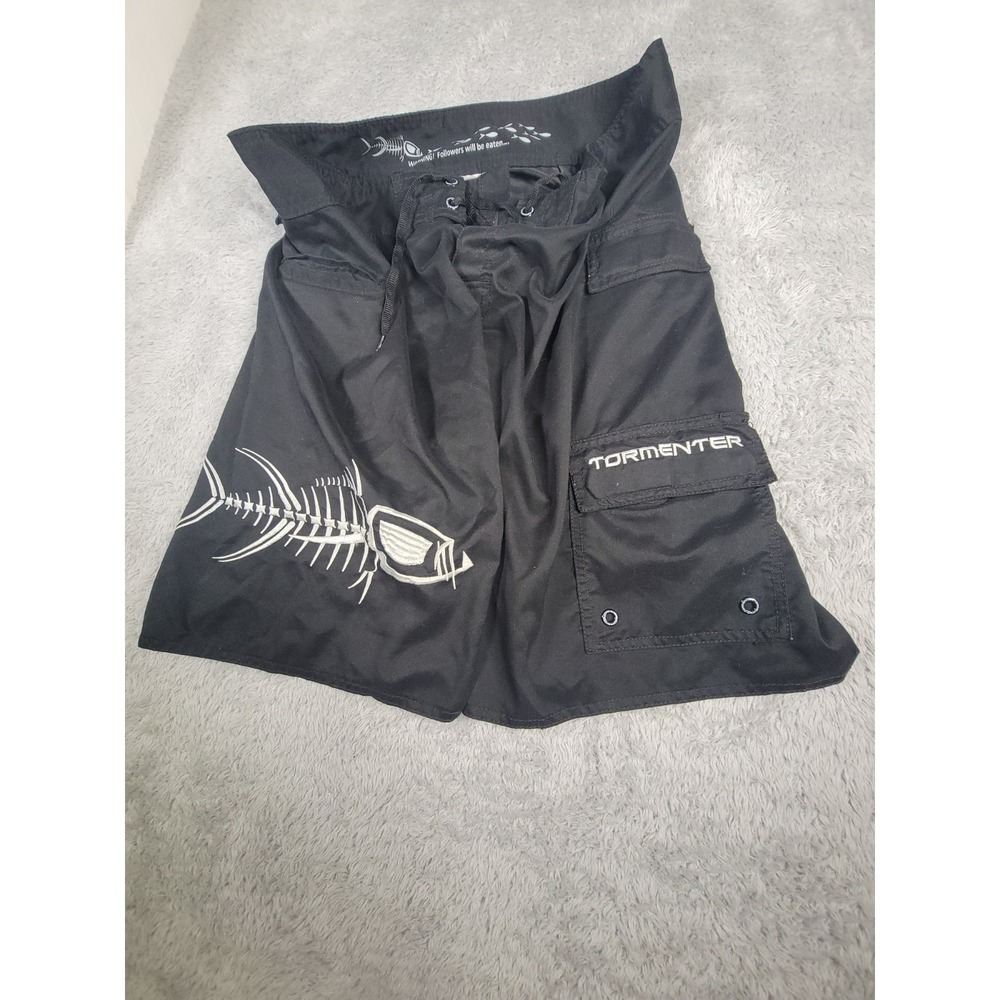 Tormenter Board Shorts Men Size 36 Black Fish Logo Surf Swim Trunks Cargo Pocket